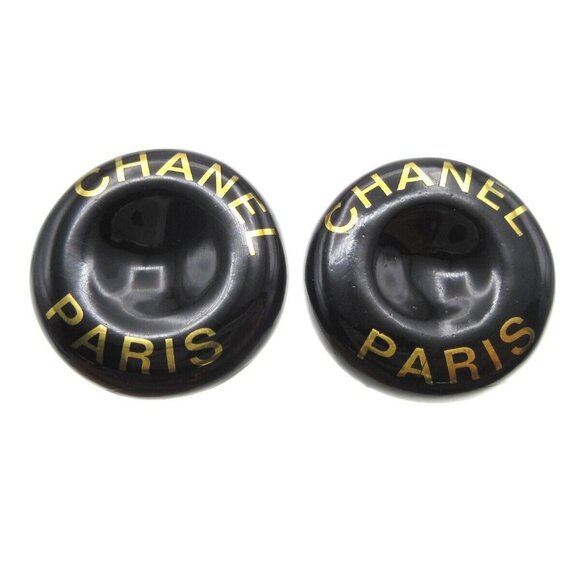 Chanel Button Earrings Gold Black Clip-On - Picture 1 of 5